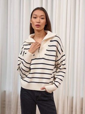 La Ligne Bastien Striped Half-Zip Cream Sweater with Navy Lines, Large